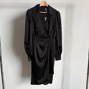 $695 NWT Theia “Jodi” Bishop Sleeve Faux Wrap Dress in Black Sz 4